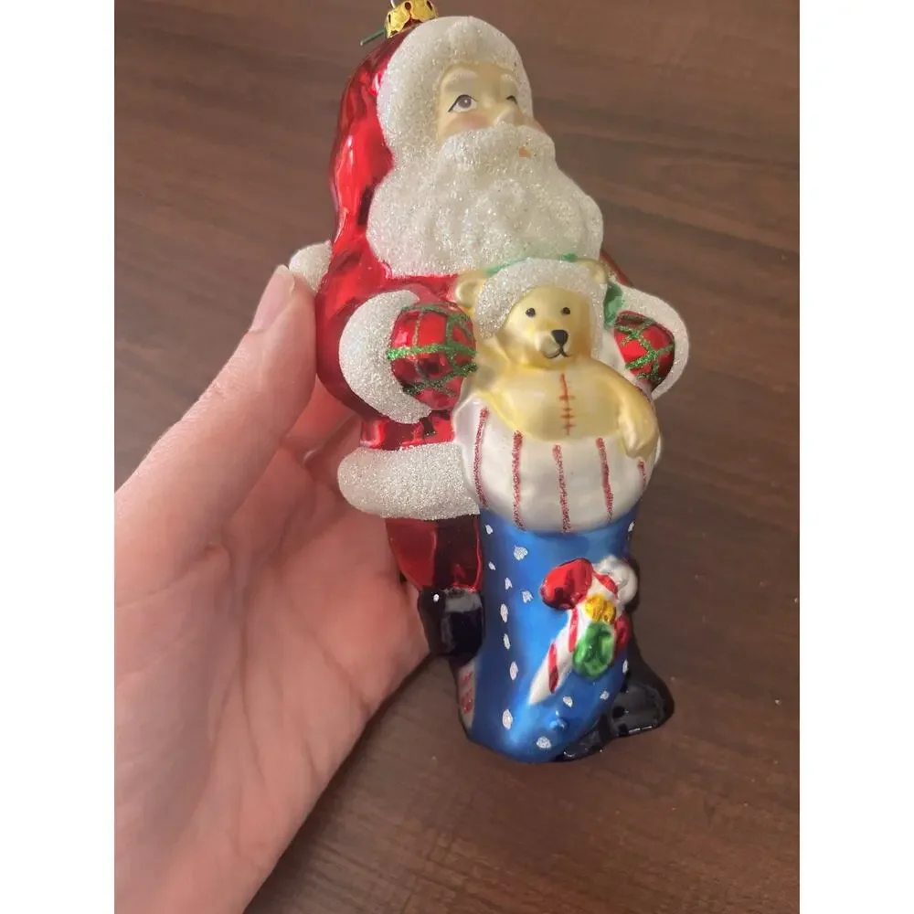 Vintage Glass Christmas Ornament Santa With Stocking EUC Hand Painted